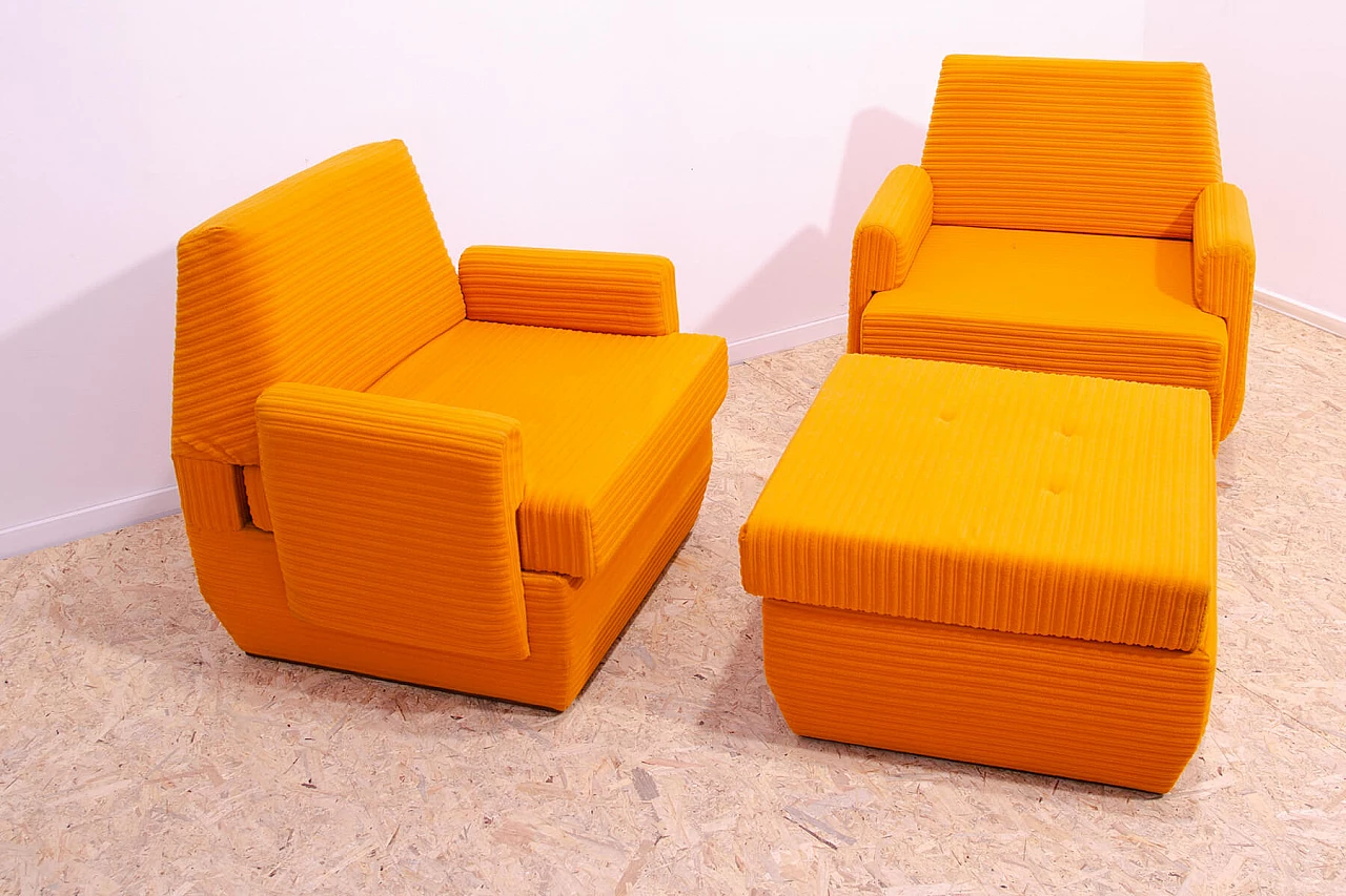 Pair of armchairs and ottoman in orange fabric by Jitona, 1970s 2