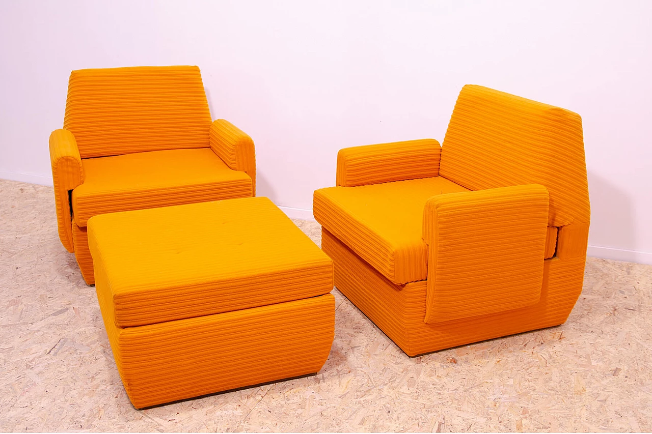 Pair of armchairs and ottoman in orange fabric by Jitona, 1970s 3