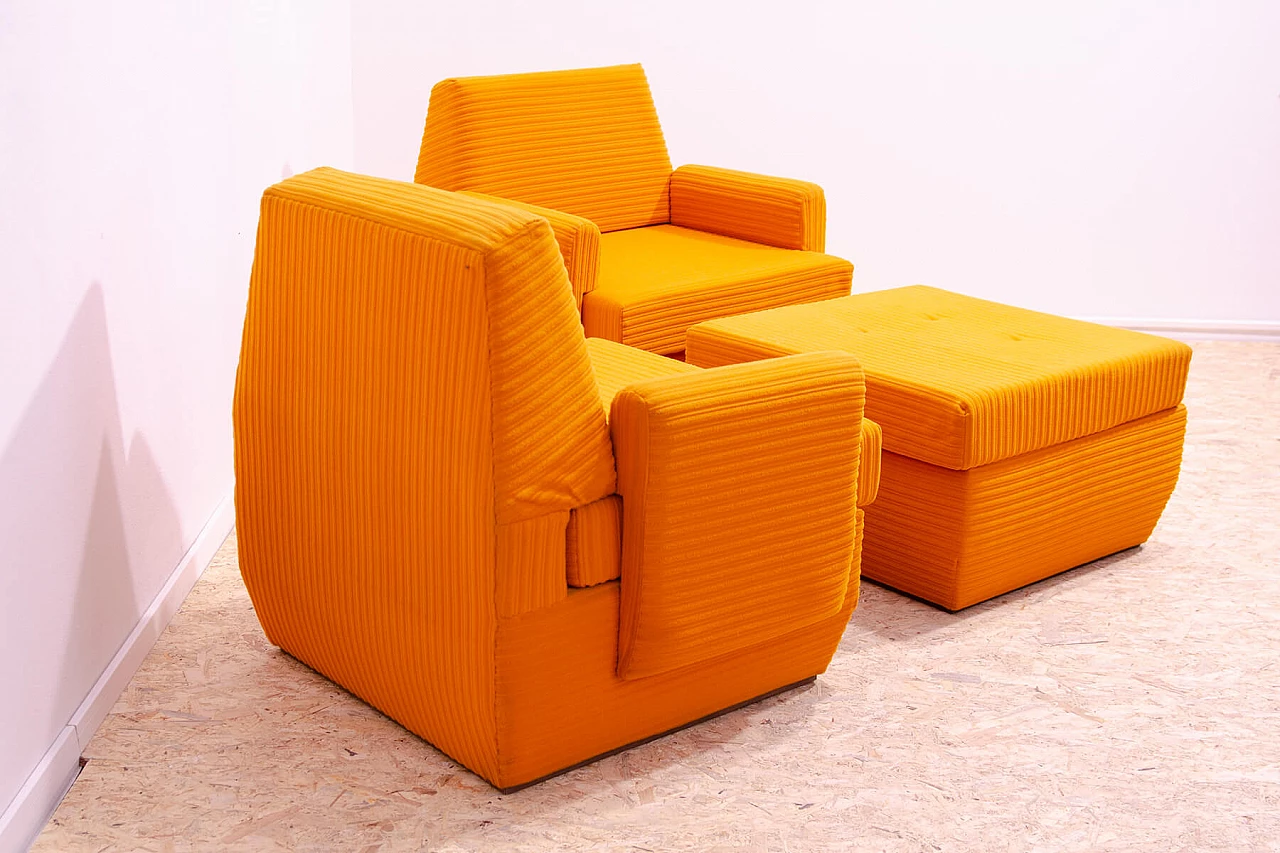 Pair of armchairs and ottoman in orange fabric by Jitona, 1970s 4