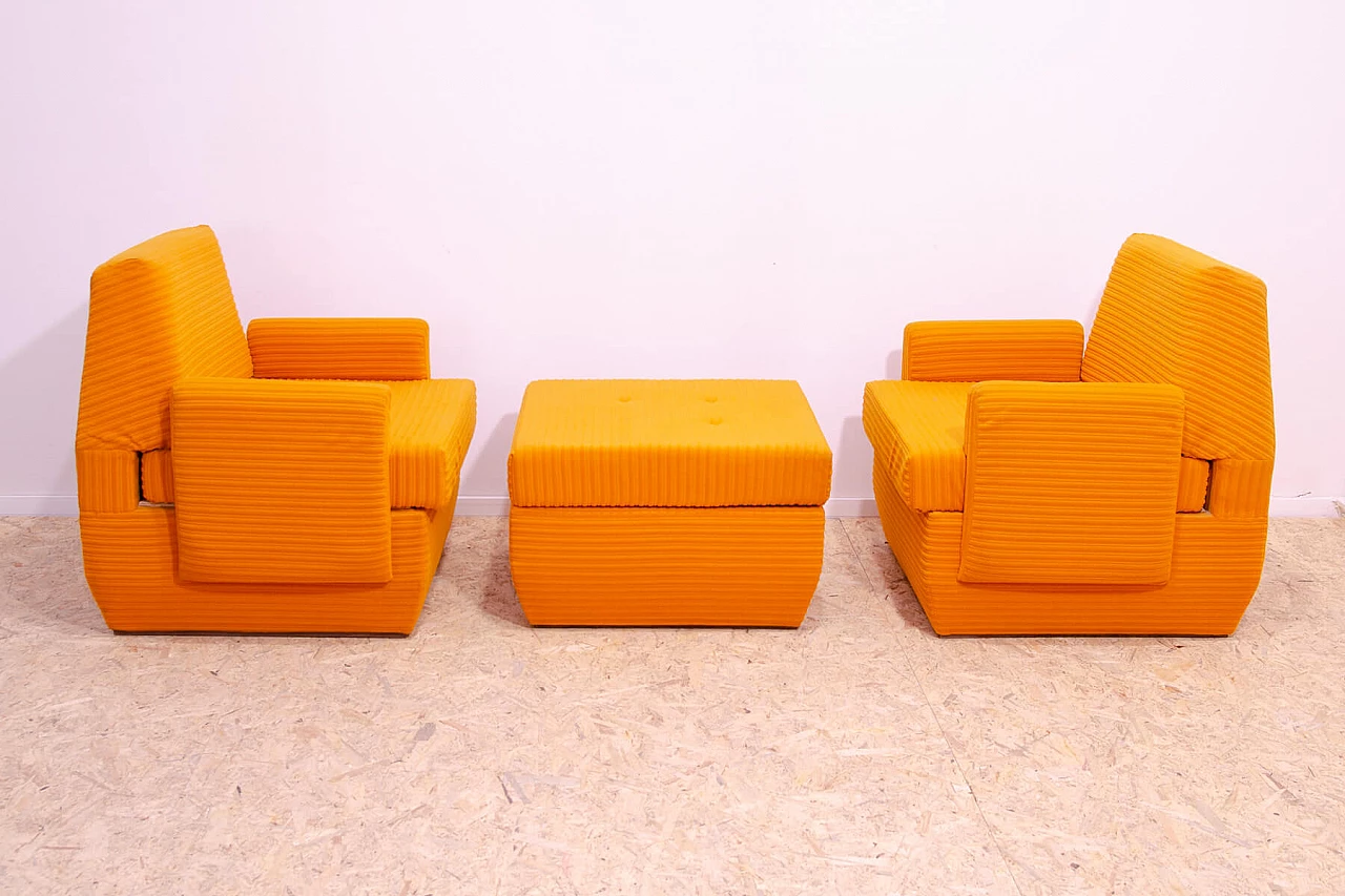 Pair of armchairs and ottoman in orange fabric by Jitona, 1970s 5