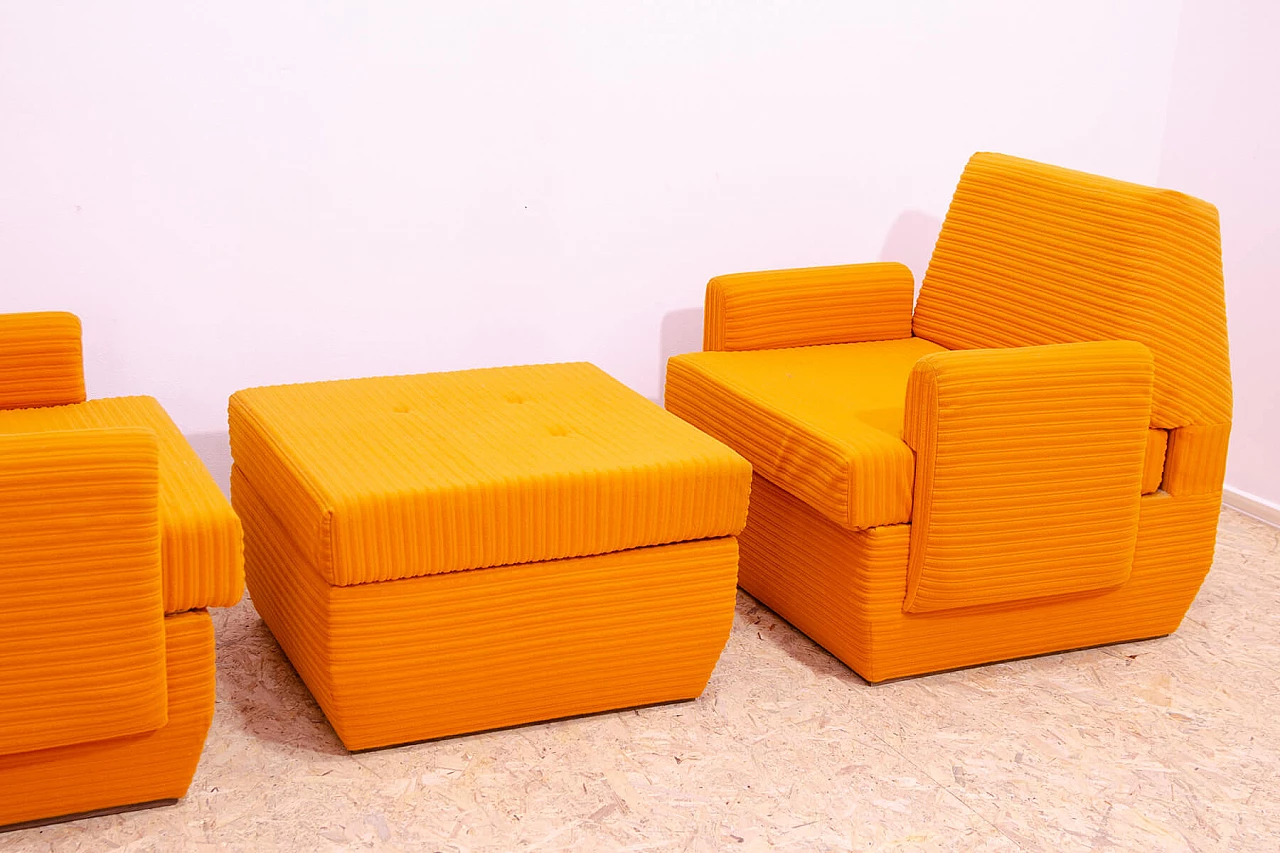 Pair of armchairs and ottoman in orange fabric by Jitona, 1970s 6
