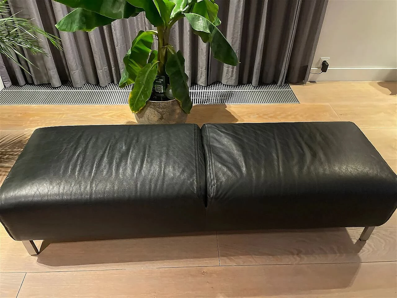 Pair of Greg sofas and bench in black leather by Emaf Progetti for Zanotta 3