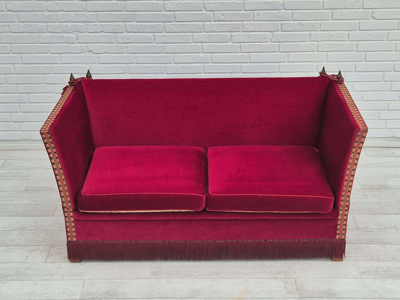 Danish ash and red velvet sofa with reclining armrests, 1970s 2