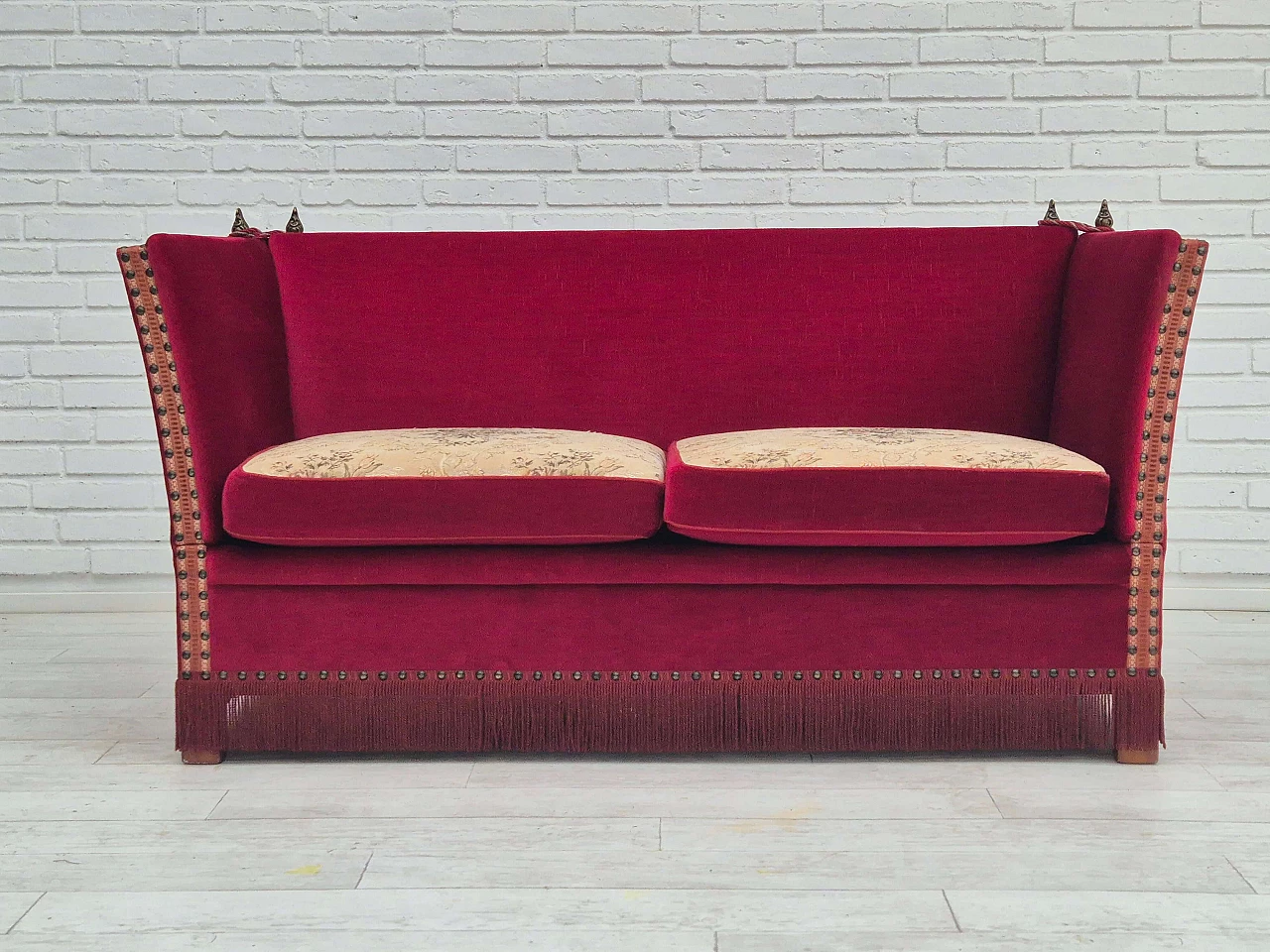 Danish ash and red velvet sofa with reclining armrests, 1970s 4