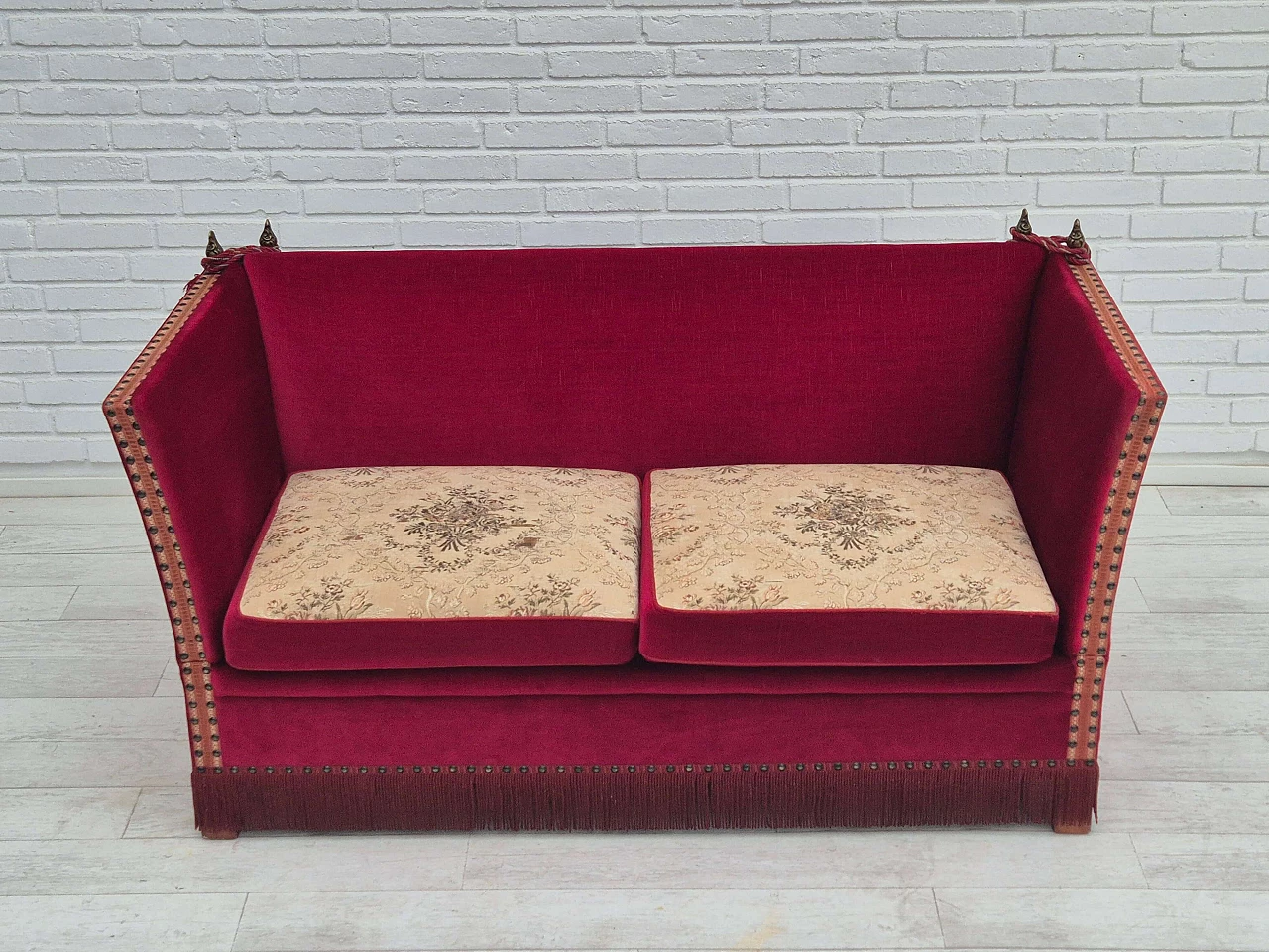 Danish ash and red velvet sofa with reclining armrests, 1970s 5