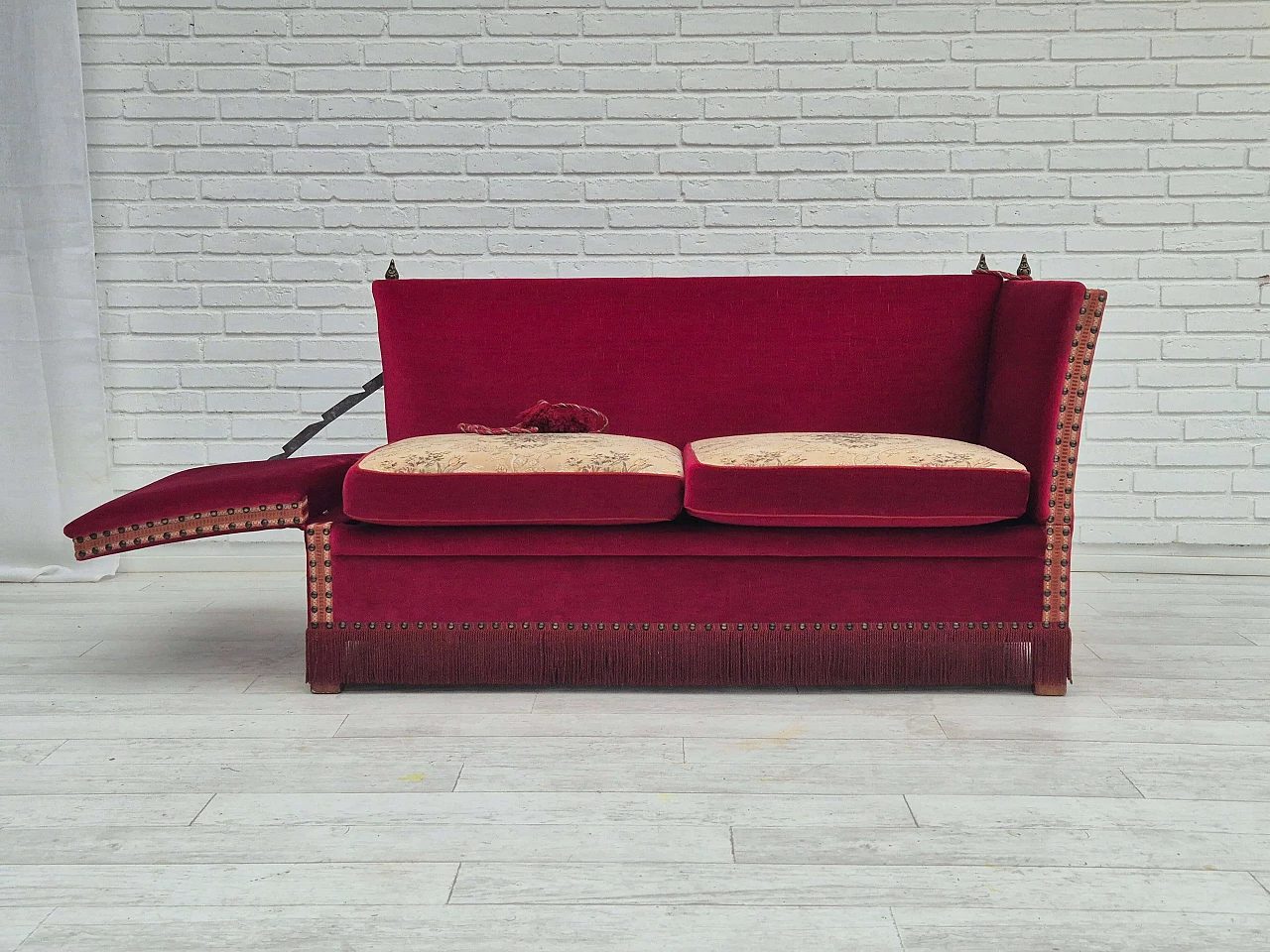 Danish ash and red velvet sofa with reclining armrests, 1970s 7