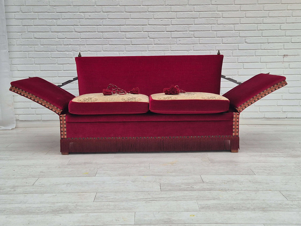 Danish ash and red velvet sofa with reclining armrests, 1970s 8