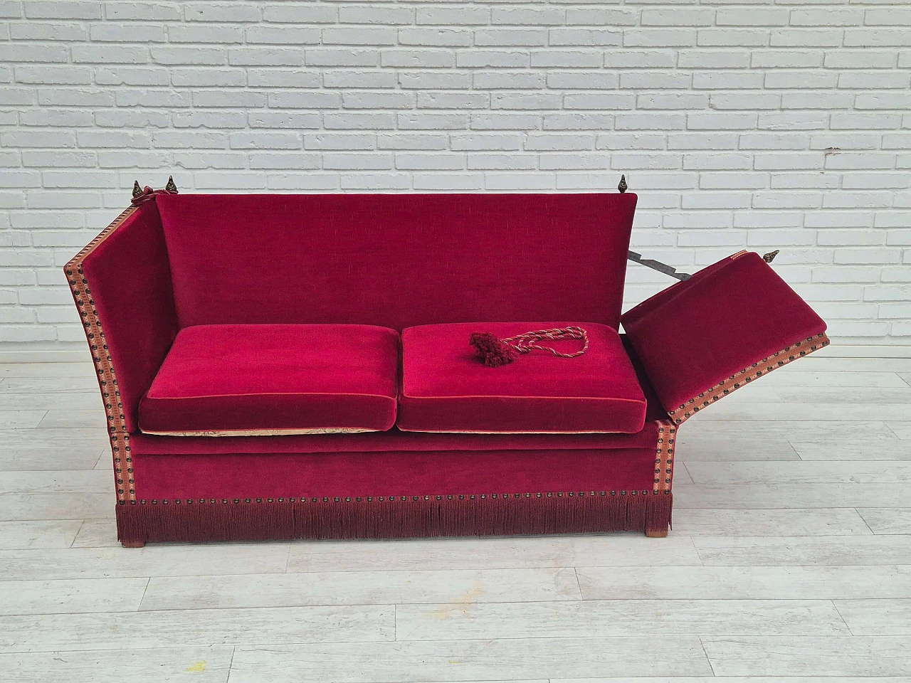 Danish ash and red velvet sofa with reclining armrests, 1970s 10