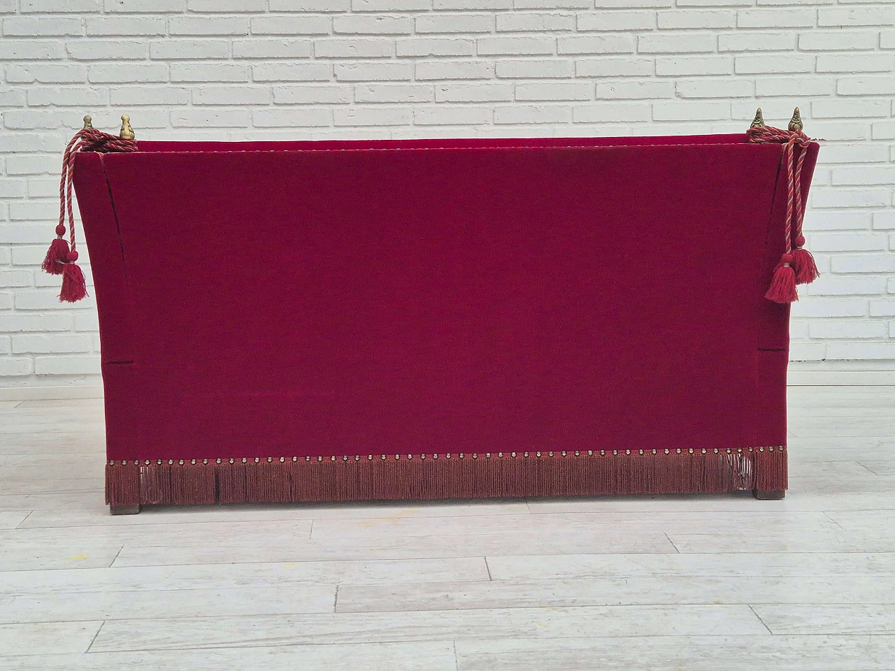 Danish ash and red velvet sofa with reclining armrests, 1970s 16