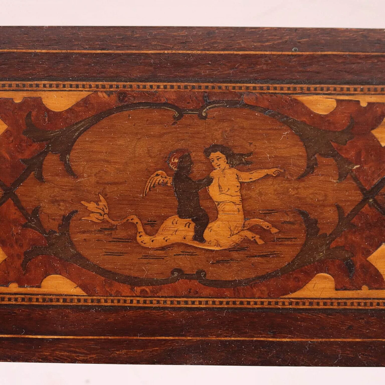 Wooden box with lid inlaid with mythological figures, early 20th century 4