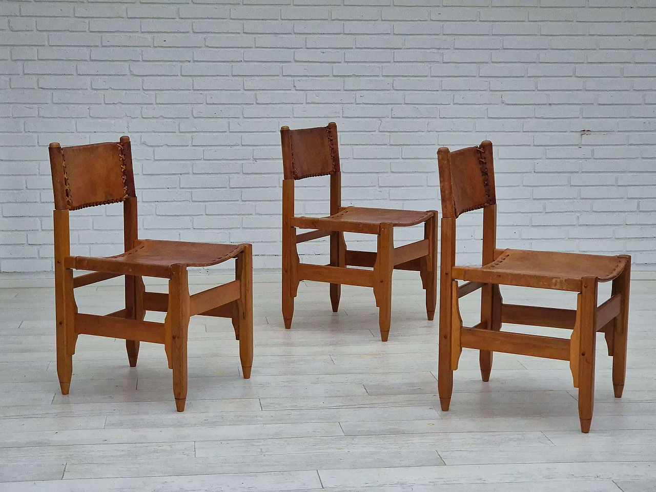 3 Oak and leather chairs by Werner Biermann for Arte Sano, 1960s 1