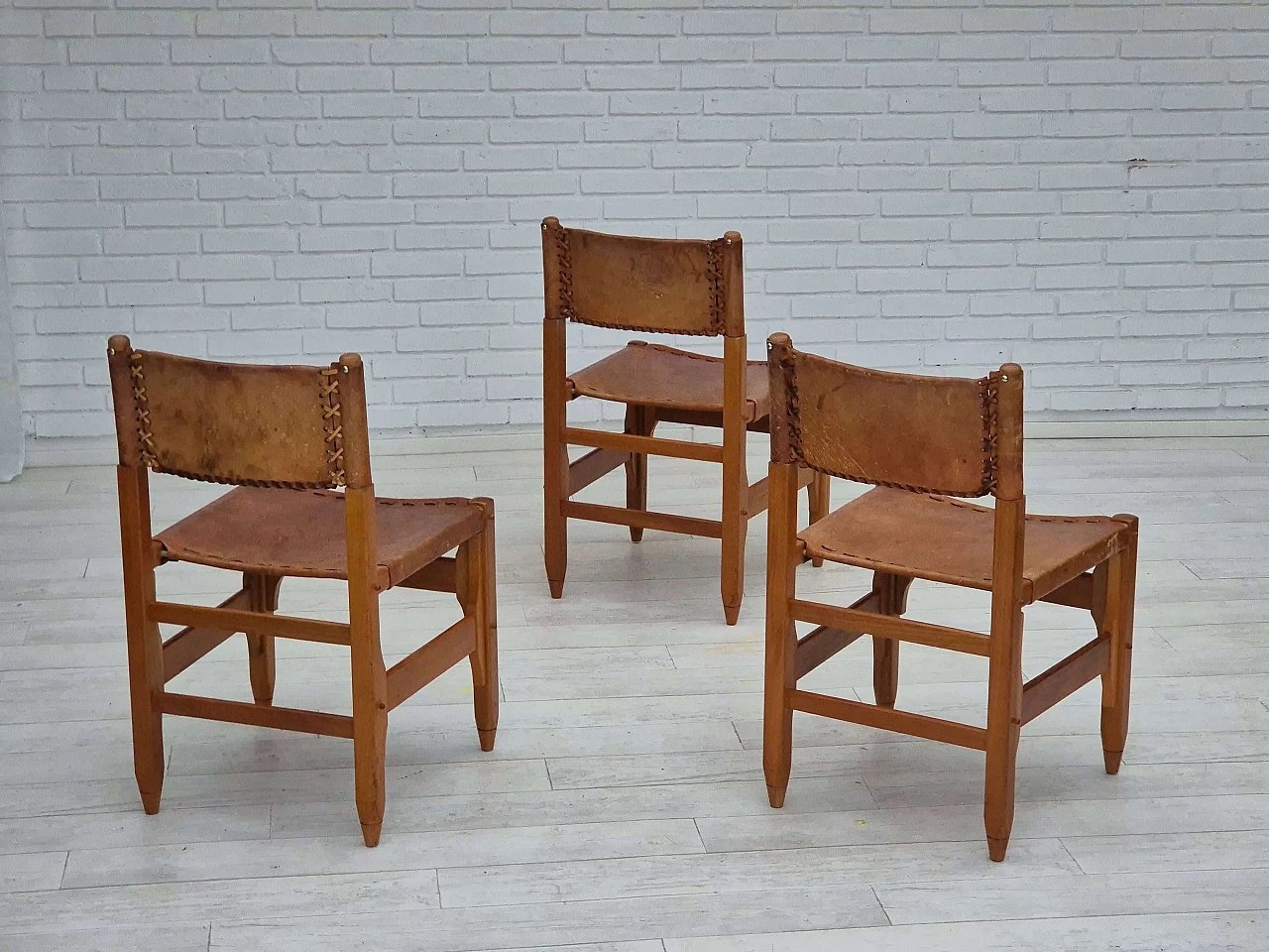 3 Oak and leather chairs by Werner Biermann for Arte Sano, 1960s 2