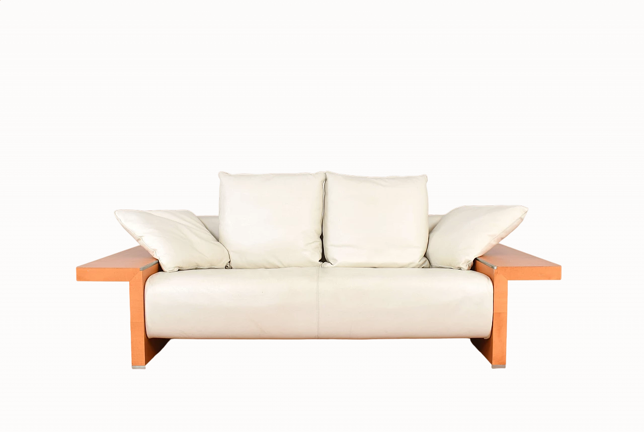 Cherry wood and beige leather sofa by Giorgetti, 1980s 16