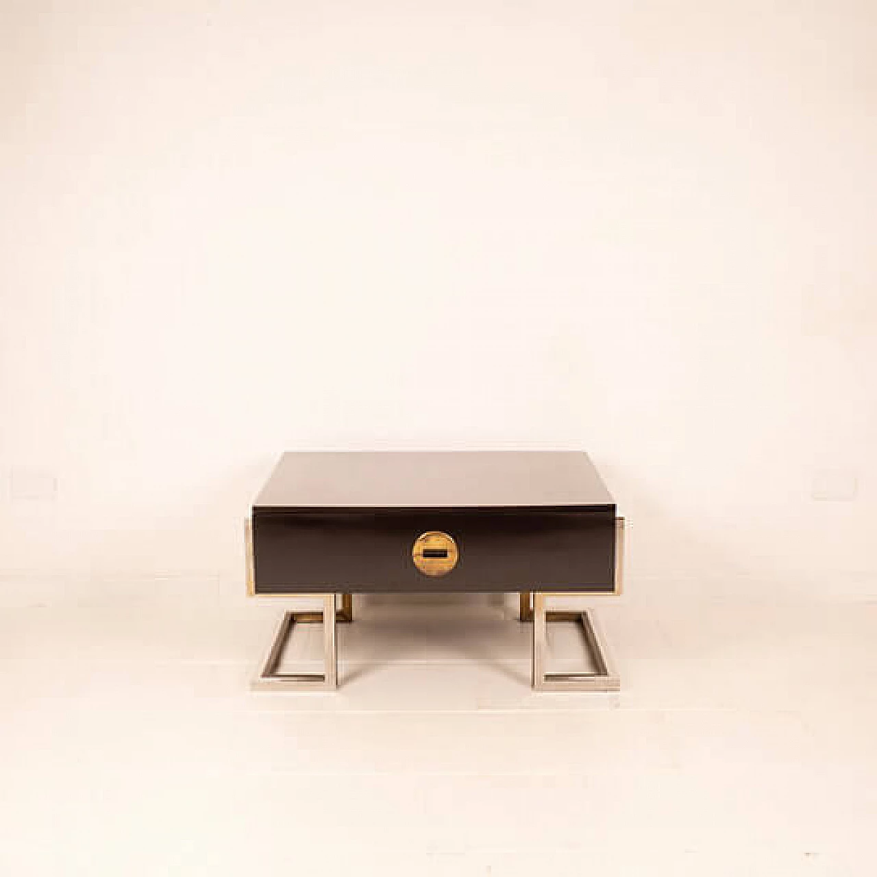 Tavolino in legno, ottone e acciaio di Romeo Rega, anni '70 7