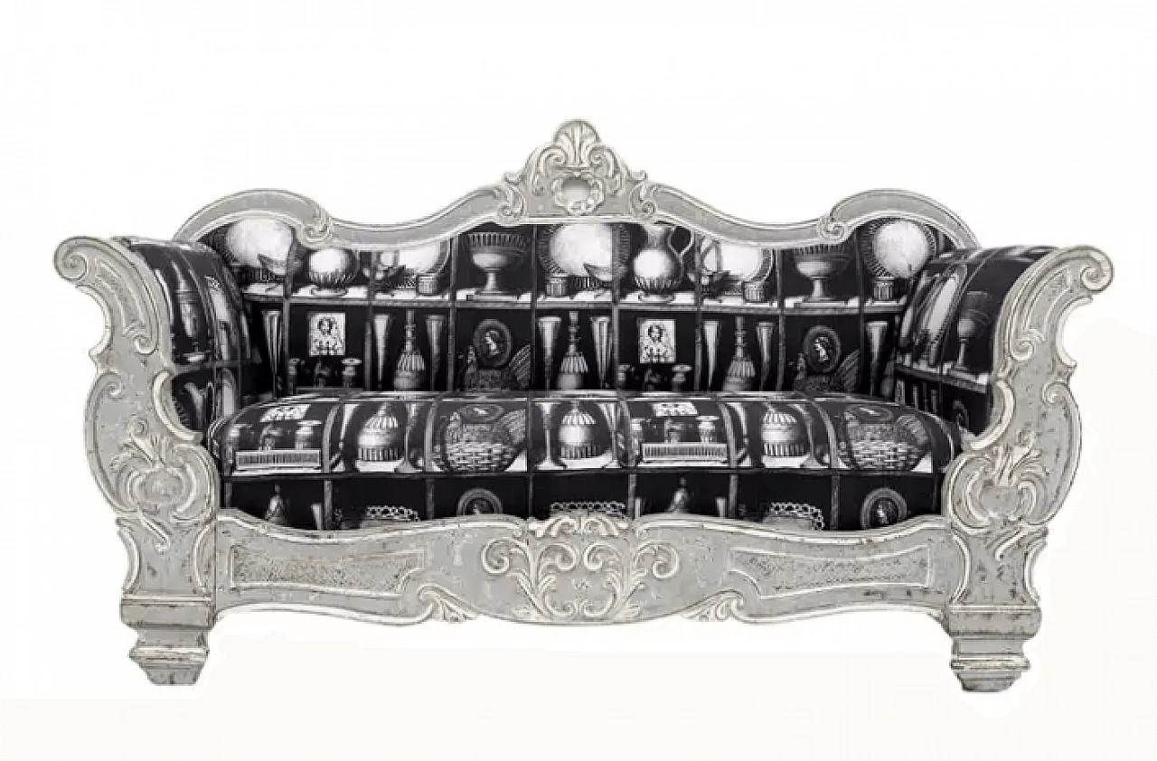 Charles X style sofa with linen fabric by Fornasetti, 1940s 1