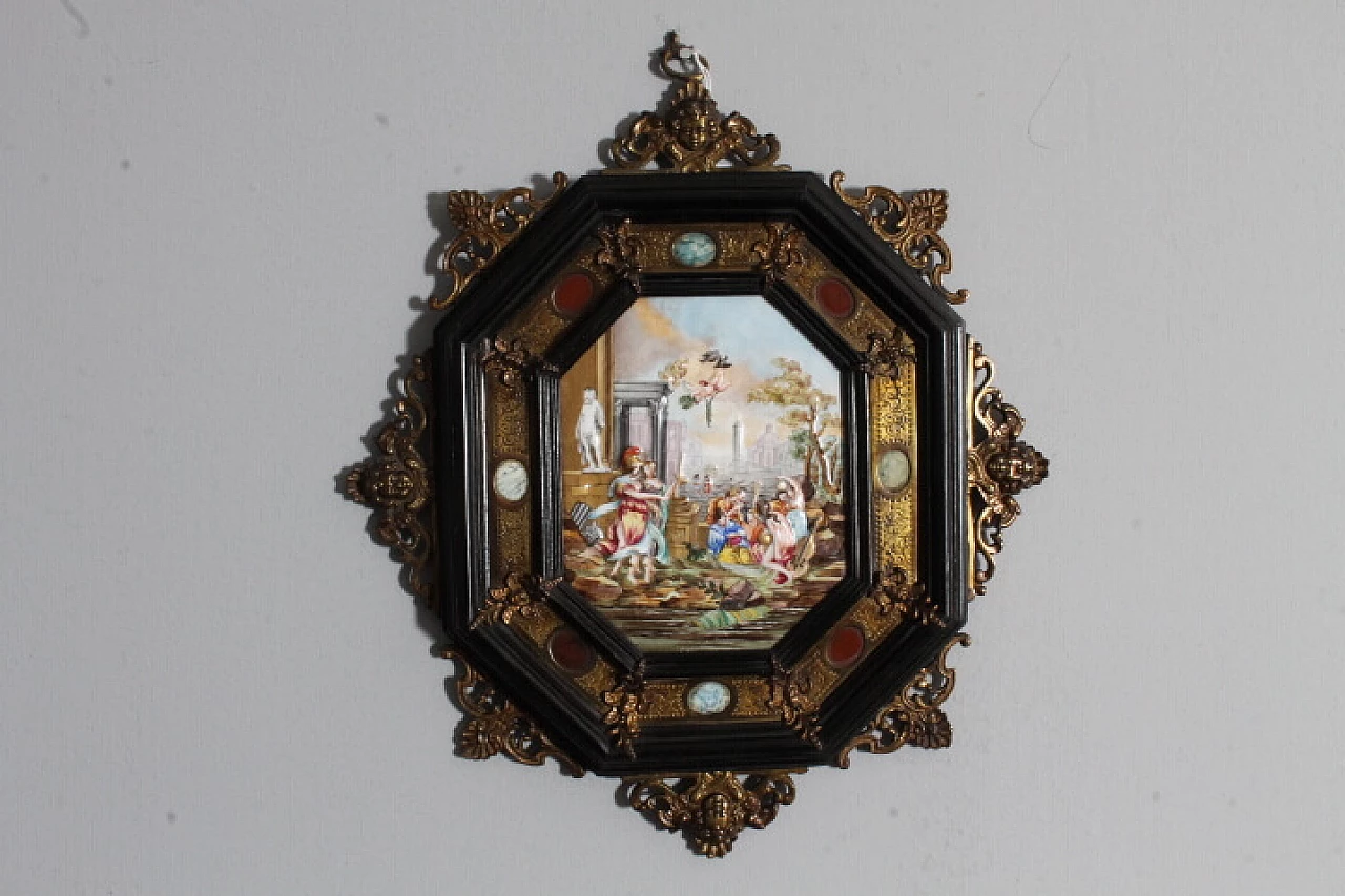 Capodimonte porcelain plaque with wood, stone and metal frame, 19th century 1