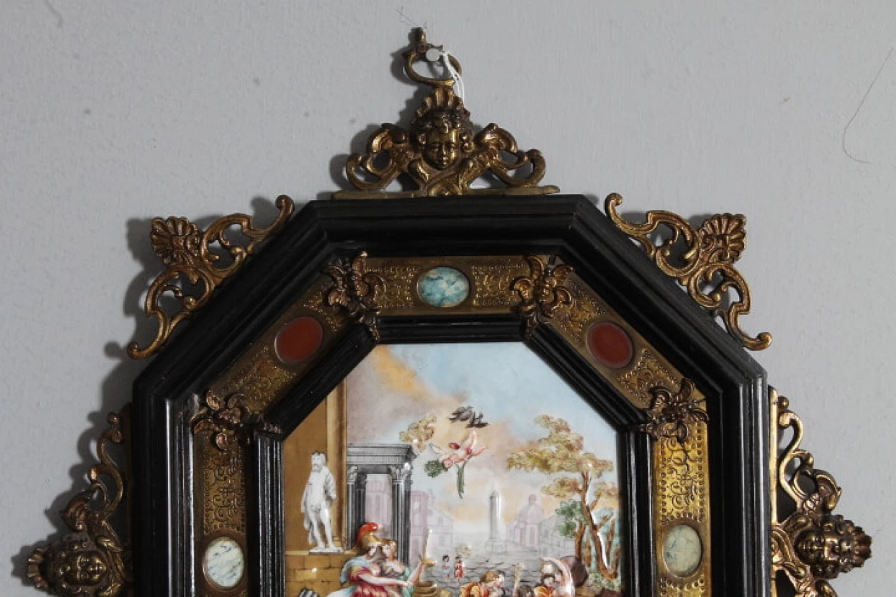 Capodimonte porcelain plaque with wood, stone and metal frame, 19th century 2