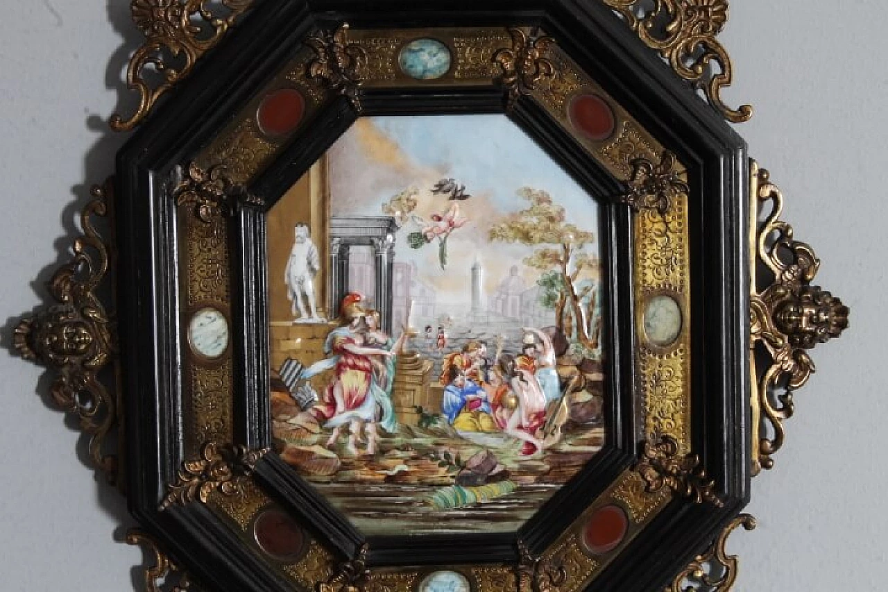 Capodimonte porcelain plaque with wood, stone and metal frame, 19th century 3