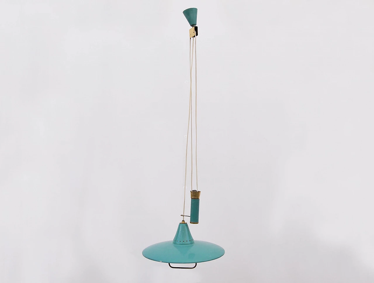Brass and light blue enameled aluminum hanging lamp, 1950s 1