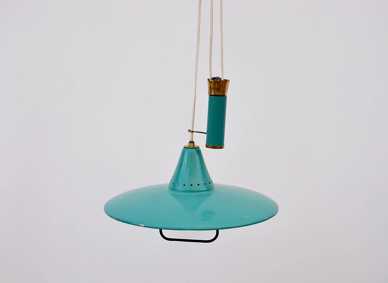 Brass and light blue enameled aluminum hanging lamp, 1950s 2