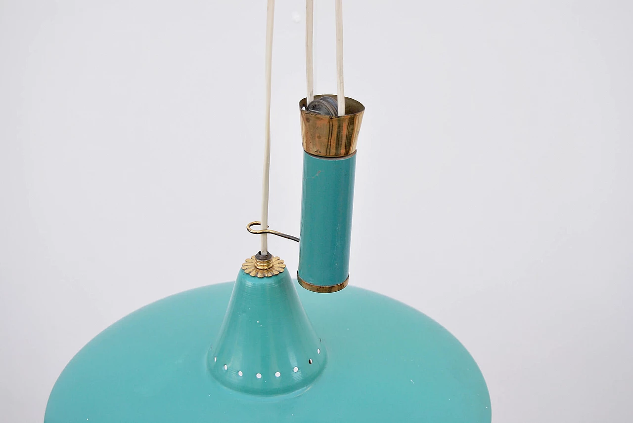 Brass and light blue enameled aluminum hanging lamp, 1950s 4