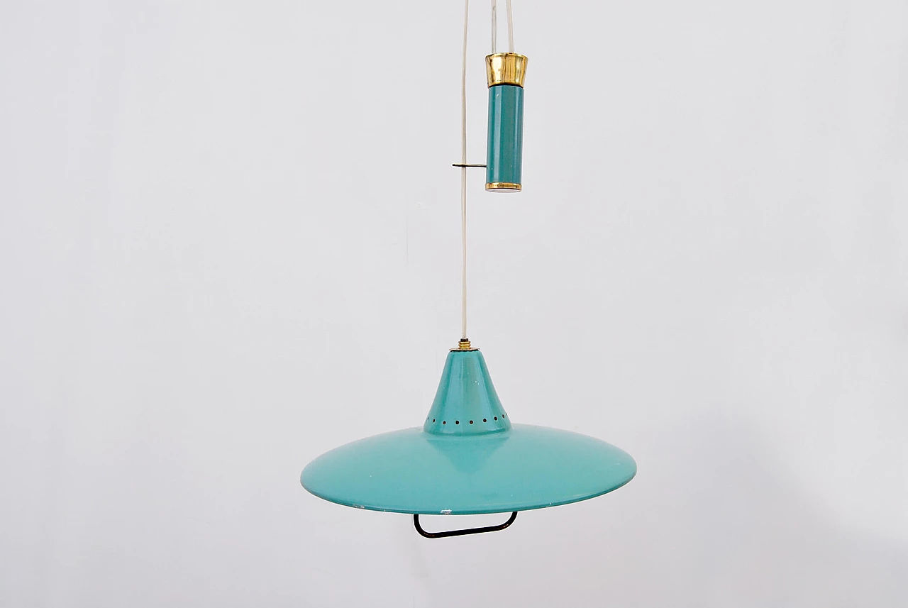 Brass and light blue enameled aluminum hanging lamp, 1950s 5