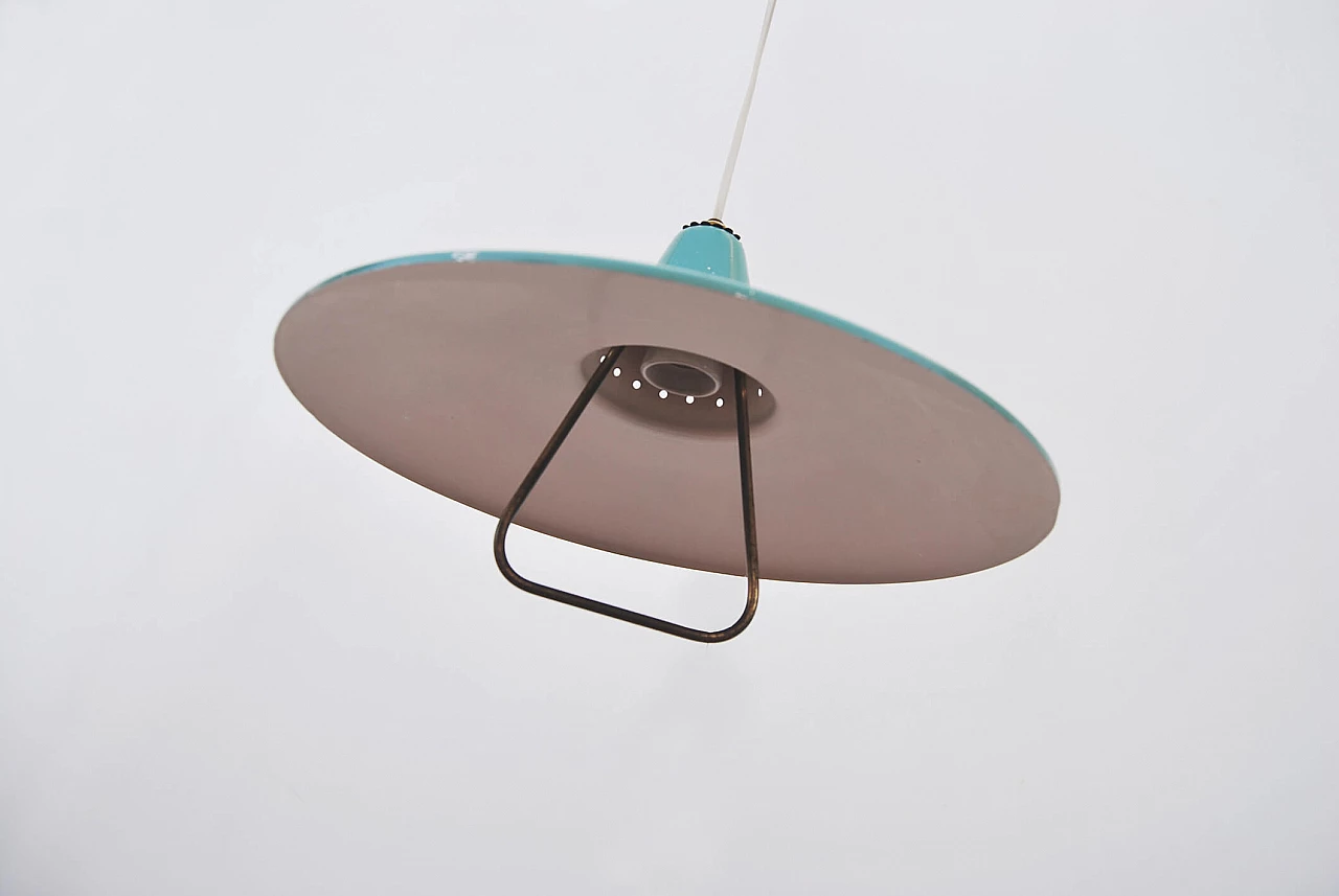 Brass and light blue enameled aluminum hanging lamp, 1950s 6