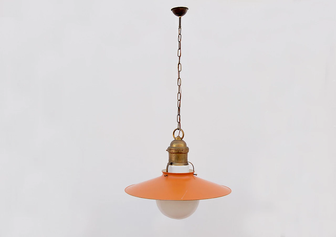 Lampadario in ottone, ferro arancione e vetro opalino, anni '50 1