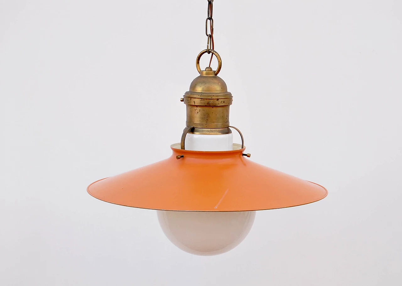 Lampadario in ottone, ferro arancione e vetro opalino, anni '50 2