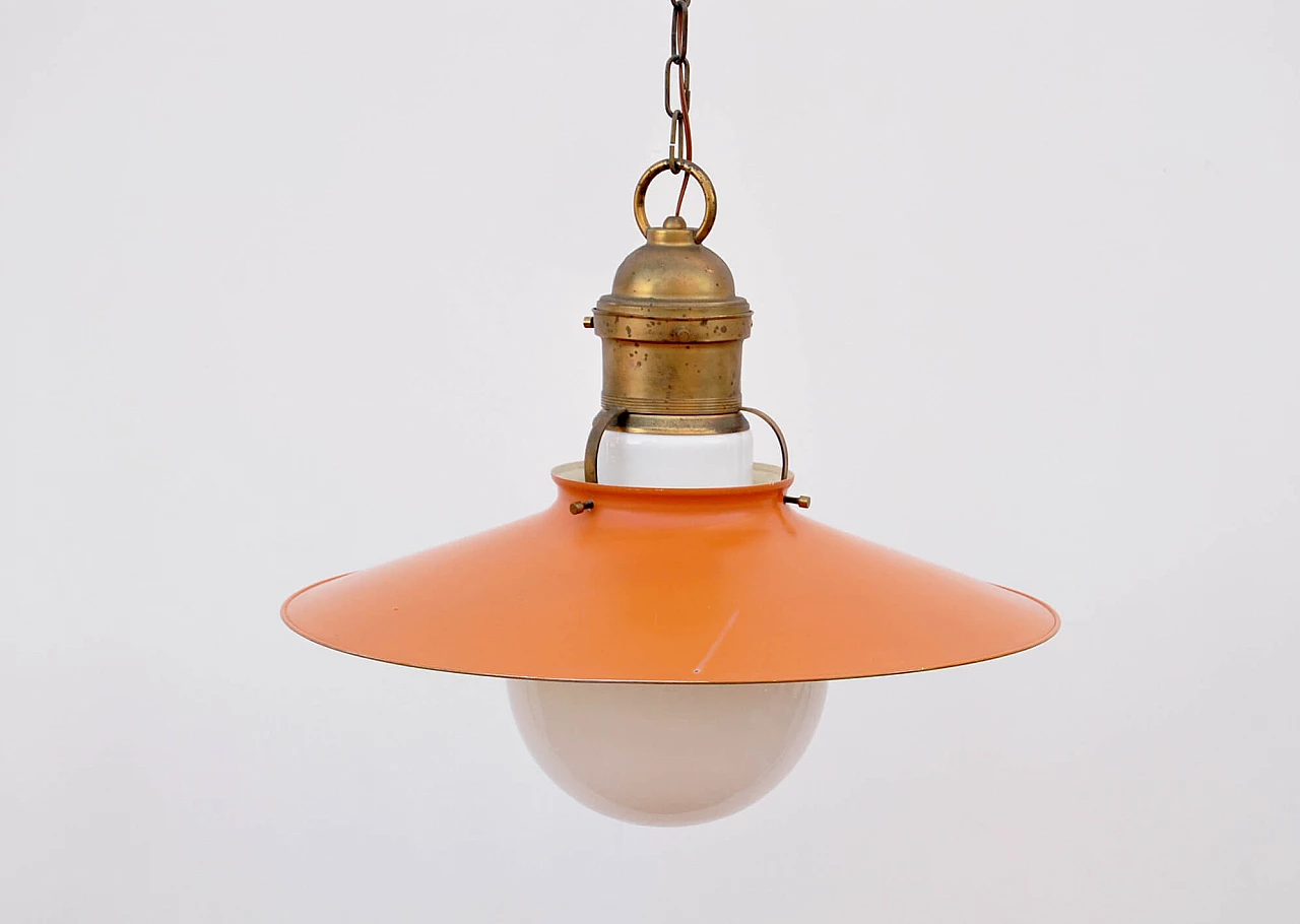 Brass, orange iron and opaline glass chandelier, 1950s 2