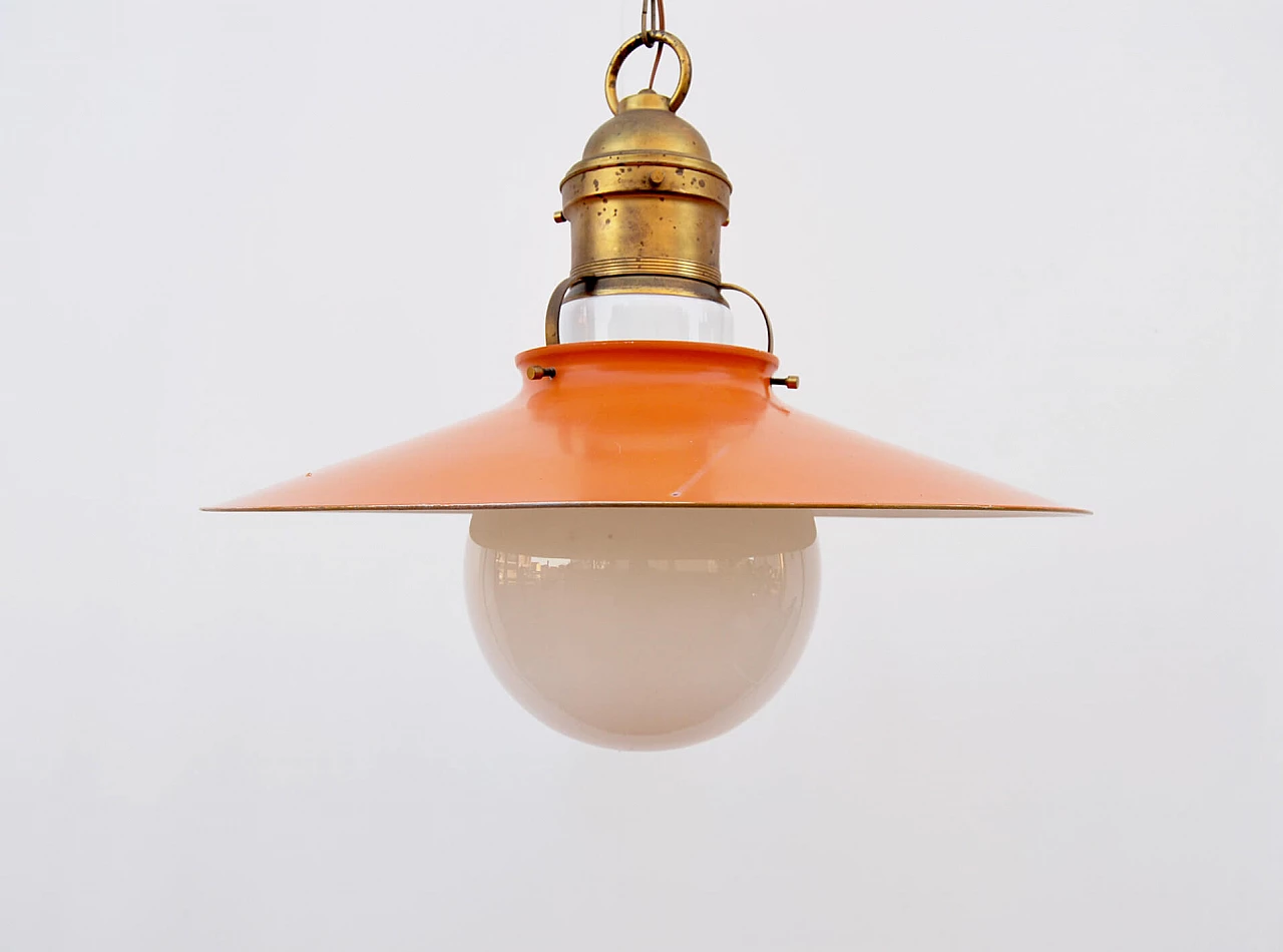 Lampadario in ottone, ferro arancione e vetro opalino, anni '50 3