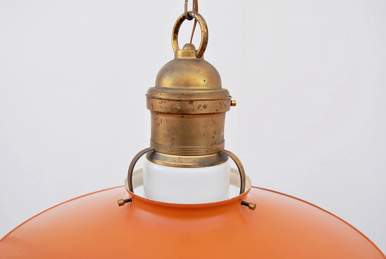 Lampadario in ottone, ferro arancione e vetro opalino, anni '50 5
