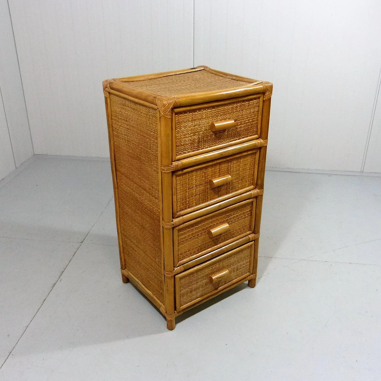 Rattan, wicker and wood chest of drawers, 1970s 1