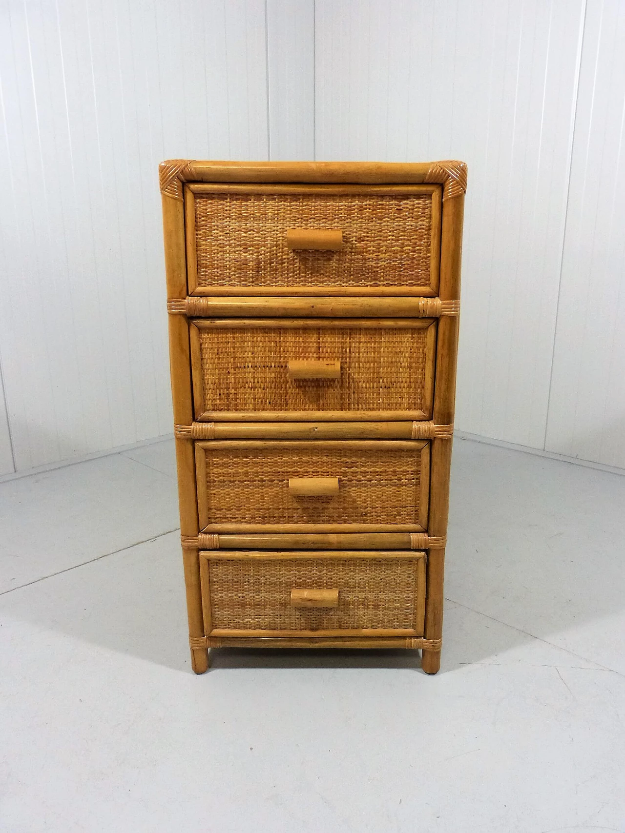 Rattan, wicker and wood chest of drawers, 1970s 3