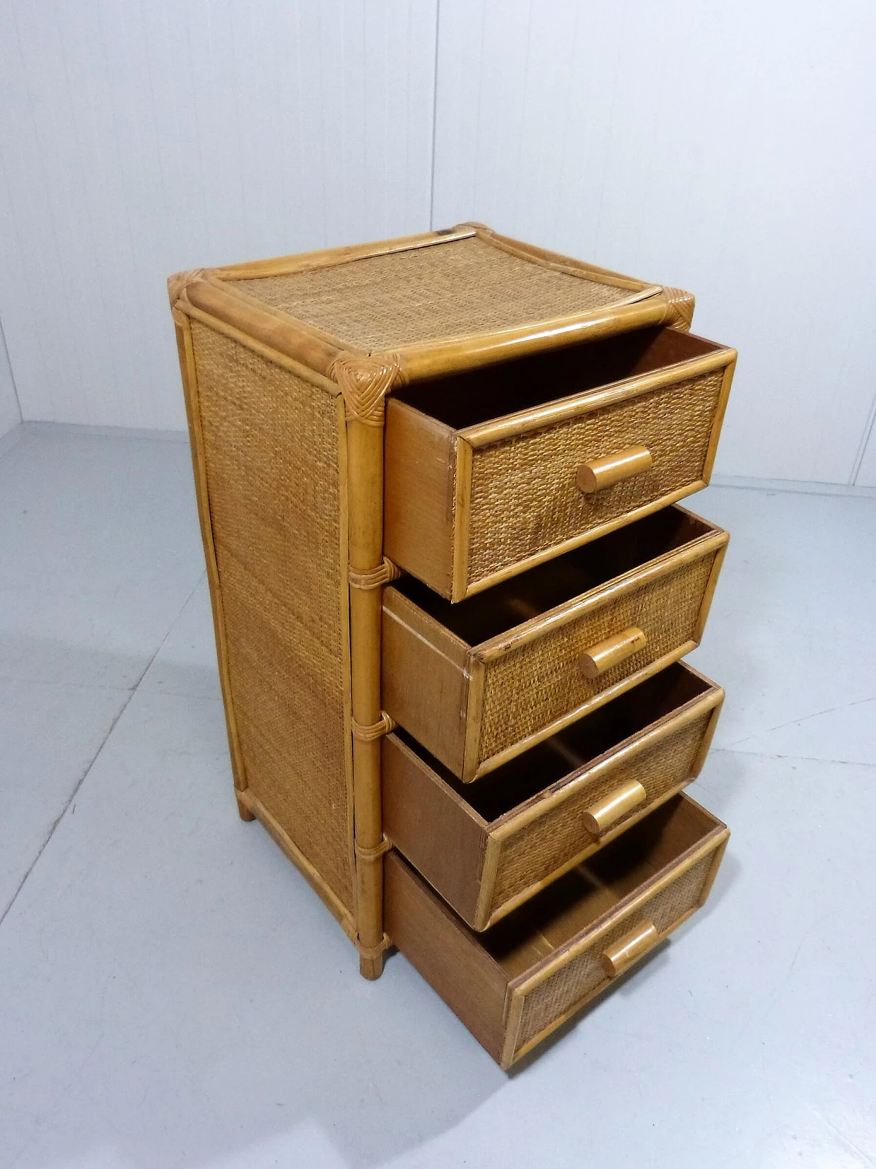 Rattan, wicker and wood chest of drawers, 1970s 7