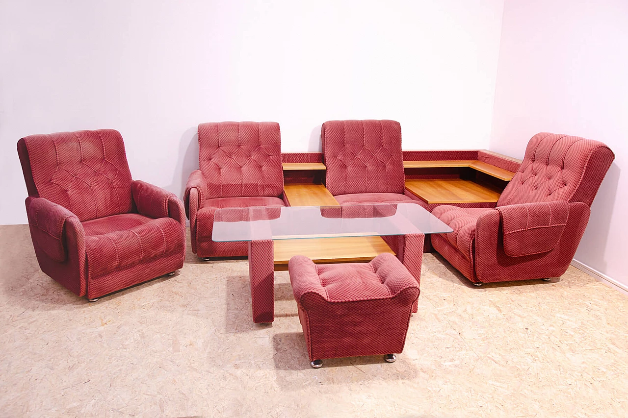 Czechoslovakian sofa, armchair, coffee table and pouf, 1980s 2