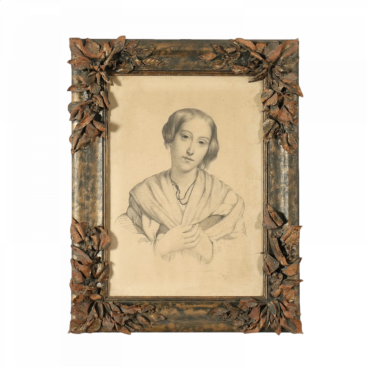 Young woman portrait, pencil drawing on paper, 19th century 10
