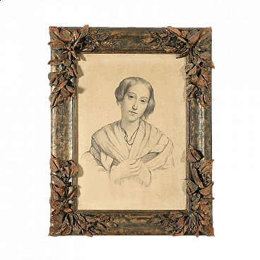 Young woman portrait, pencil drawing on paper, 19th century
