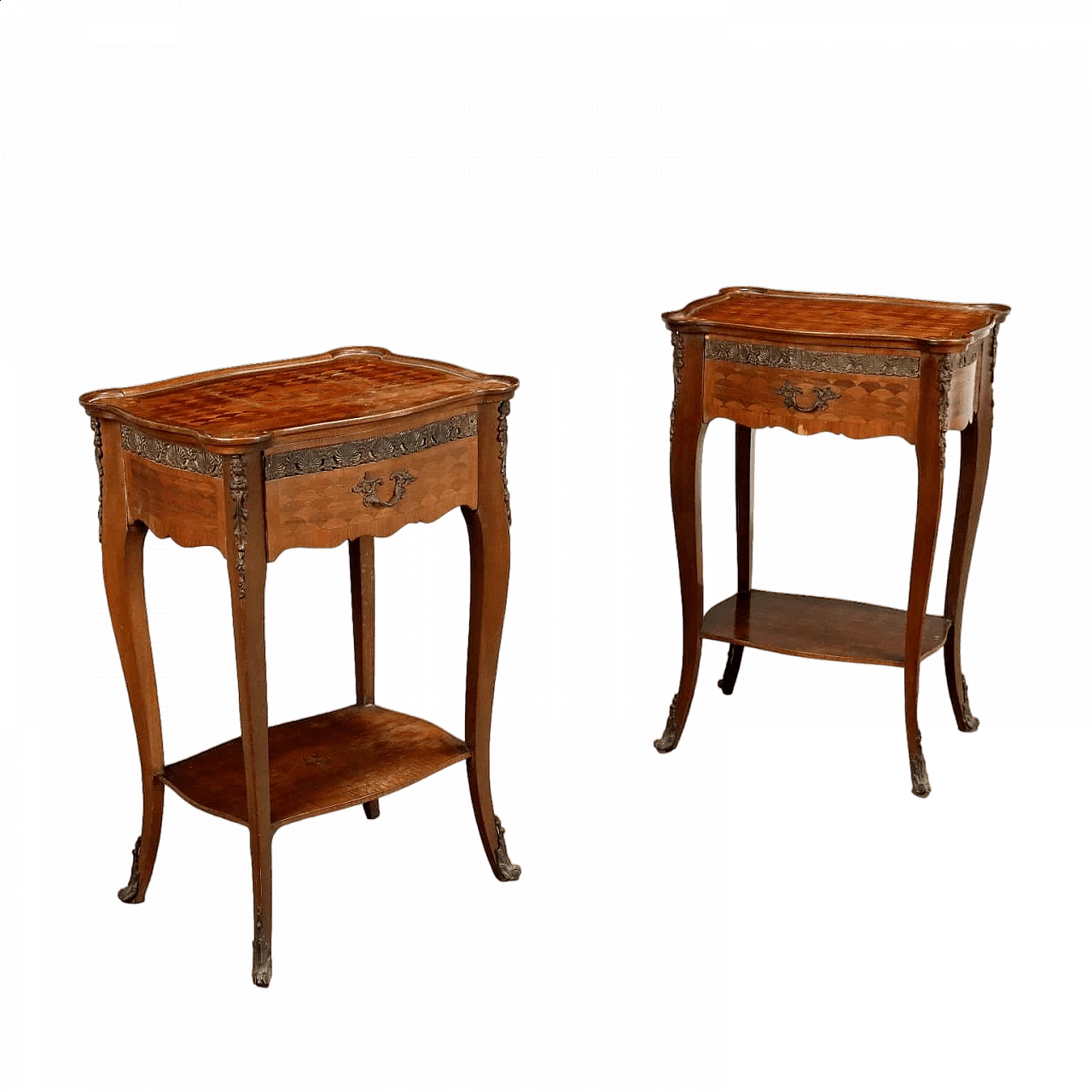 Pair of wood bedside tables with inlays and bronze details 11