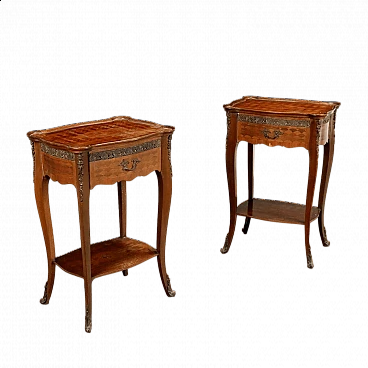Pair of wood bedside tables with inlays and bronze details