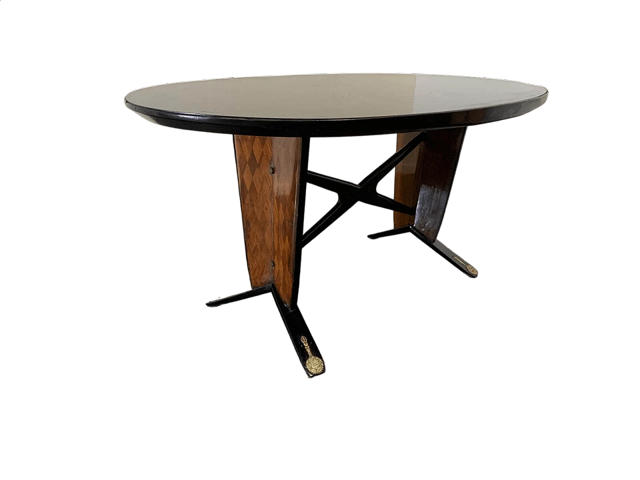 Oval ebonized wood, mahogany and black glass table, 1950s 10