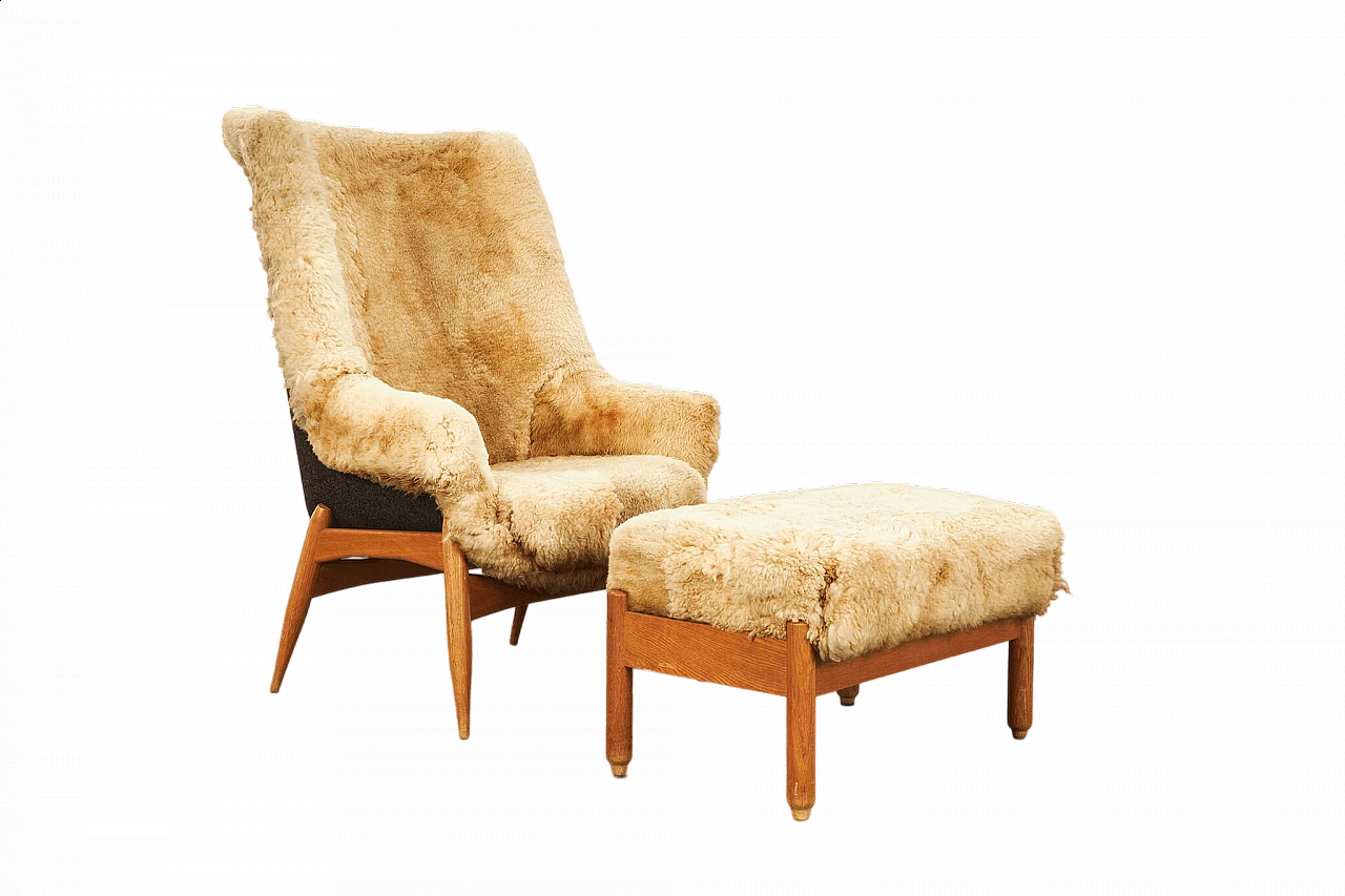Sheepskin and oak armchair and pouf by Júlia Gaubek, 1969 17