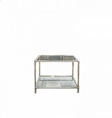 Squared side table with nickel-plated metal frame and glass tops, 1970s