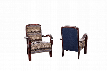 Pair of American walnut and fabric armchairs by Gyula Kaesz, 1930s