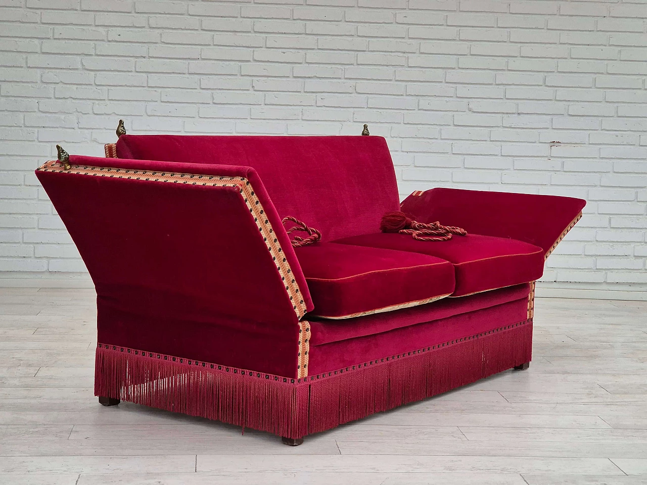 Danish cherry red velvet sofa with reclining armrests, 1970s 1