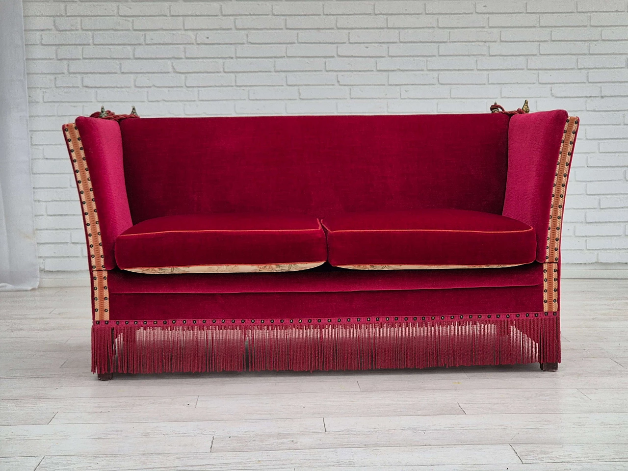 Danish cherry red velvet sofa with reclining armrests, 1970s 2