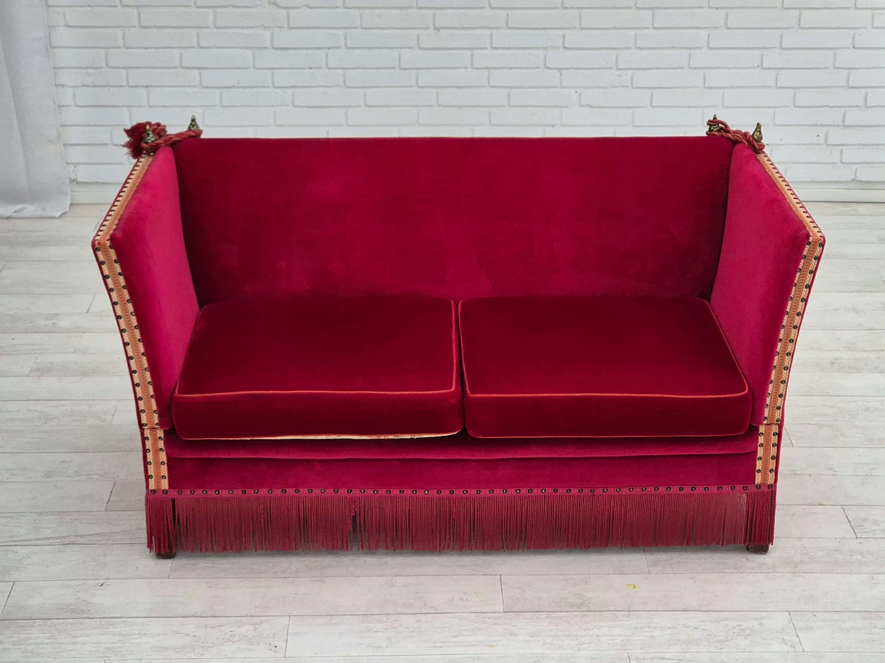 Danish cherry red velvet sofa with reclining armrests, 1970s 3