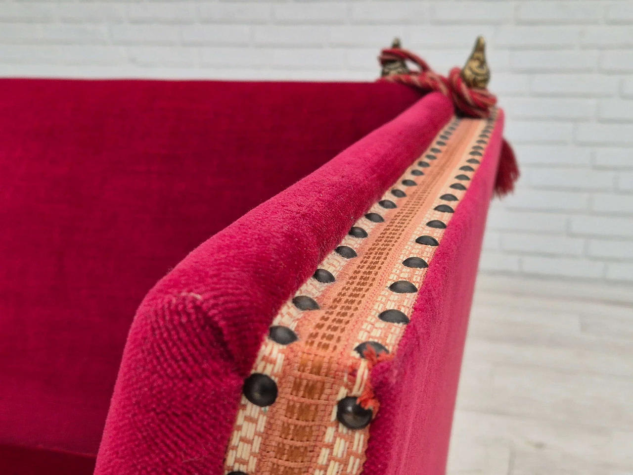 Danish cherry red velvet sofa with reclining armrests, 1970s 4