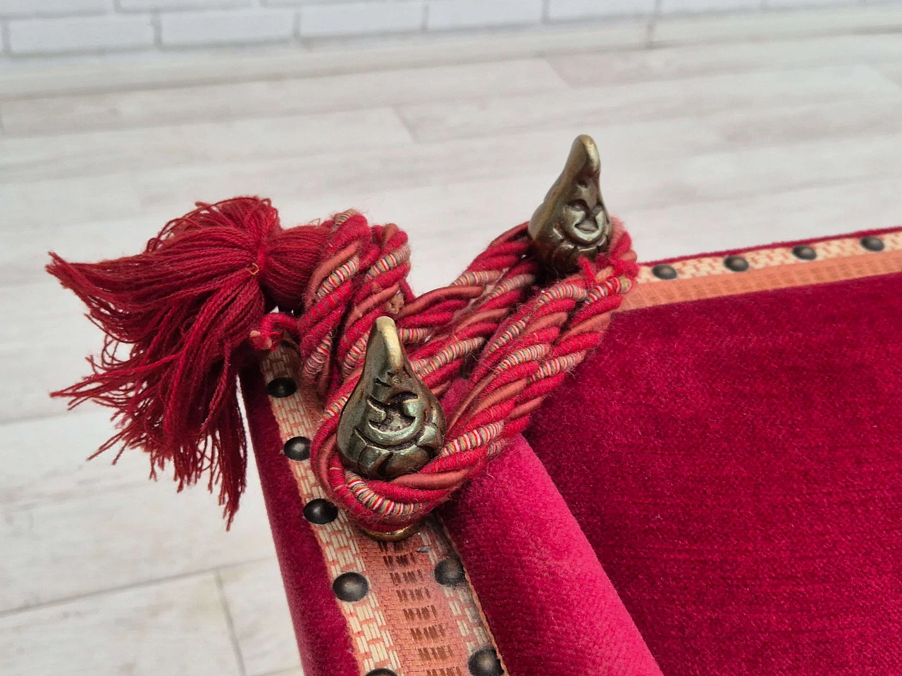 Danish cherry red velvet sofa with reclining armrests, 1970s 5