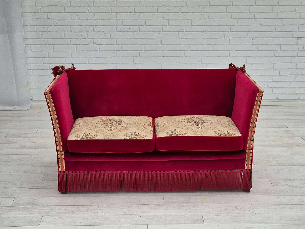 Danish cherry red velvet sofa with reclining armrests, 1970s 6